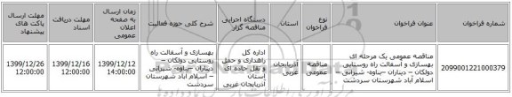 مناقصه عمومی یک مرحله ای بهسازی و آسفالت راه روستایی دولکان – دیناران –بناوه- شیرانی – اسلام آباد شهرستان سردشت