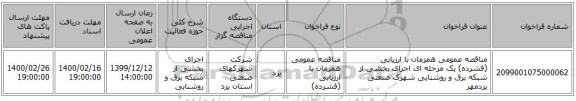 مناقصه عمومی همزمان با ارزیابی (فشرده) یک مرحله ای اجرای بخشی از شبکه برق و روشنایی شهرک صنعتی یزدمهر