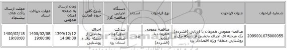 مناقصه عمومی همزمان با ارزیابی (فشرده) یک مرحله ای اجرای بخشی از شبکه برق و روشنایی منطقه ویژه افتصادی یزد