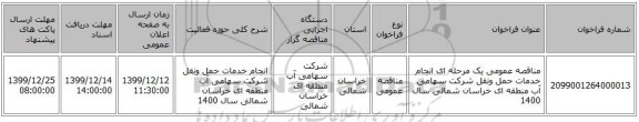 مناقصه عمومی یک مرحله ای انجام خدمات حمل ونقل شرکت سهامی آب منطقه ای خراسان شمالی سال 1400