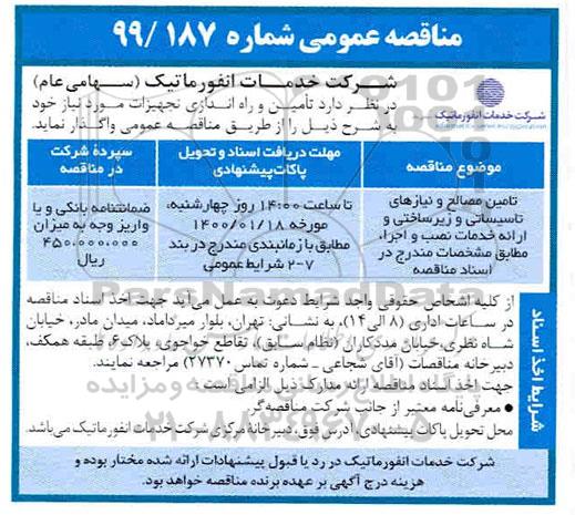 مناقصه ، مناقصه طراحی، تامین و راه اندازی تجهیزات