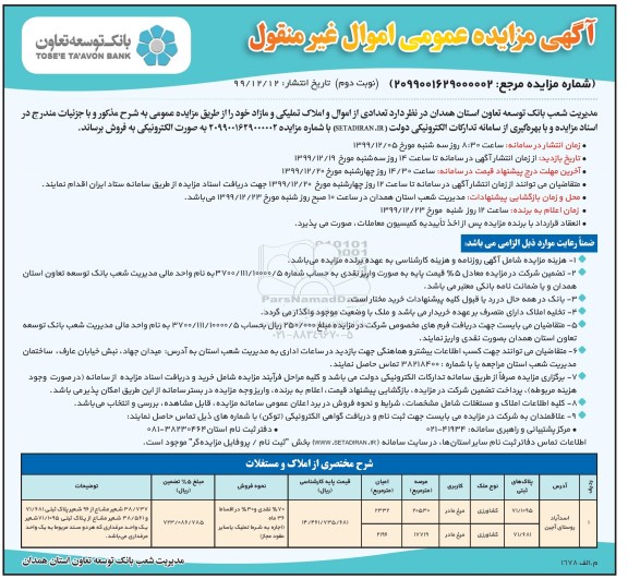مزایده،مزایده فروش اموال و املاک تملکی و مازاد نوبت دوم