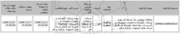مناقصه عمومی یک مرحله ای بهره برداری، نگهداری و تعمیرات تجهیزات و تأسیسات خط انتقال کوچری حد فاصل استان های اصفهان، مرکزی و قم