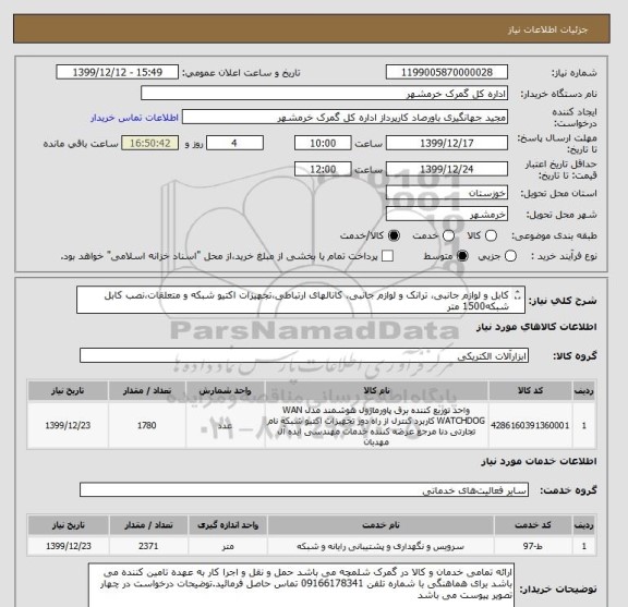 استعلام کابل و لوازم جانبی، ترانک و لوازم جانبی، کانالهای ارتباطی،تجهیزات اکتیو شبکه و متعلقات،نصب کابل شبکه1500 متر
