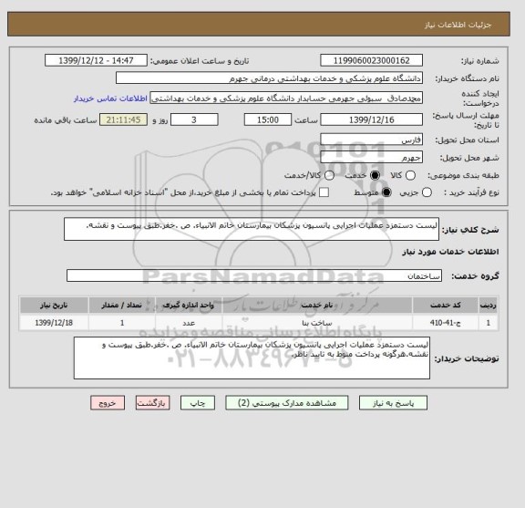 استعلام لیست دستمزد عملیات اجرایی پانسیون پزشکان بیمارستان خاتم الانبیاء. ص .خفر.طبق پیوست و نقشه.