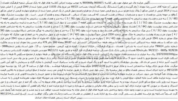 آگهی مزایده ششدانگ یکدستگاه آپارتمان بمساحت 69/23 متر مربع پلاک 11035