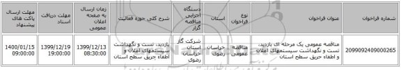 مناقصه عمومی یک مرحله ای بازدید، تست و نگهداشت سیستمهای اعلان و اطفاء حریق سطح استان 