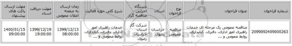 مناقصه عمومی یک مرحله ای خدمات راهبری امور اداری، دفتری، کتابداری، روابط عمومی و ...