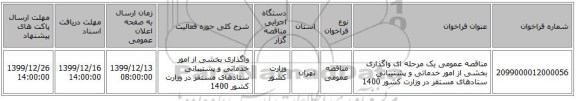 مناقصه عمومی یک مرحله ای واگذاری بخشی از امور خدماتی و پشتیبانی ستادهای مستقر در وزارت کشور 1400