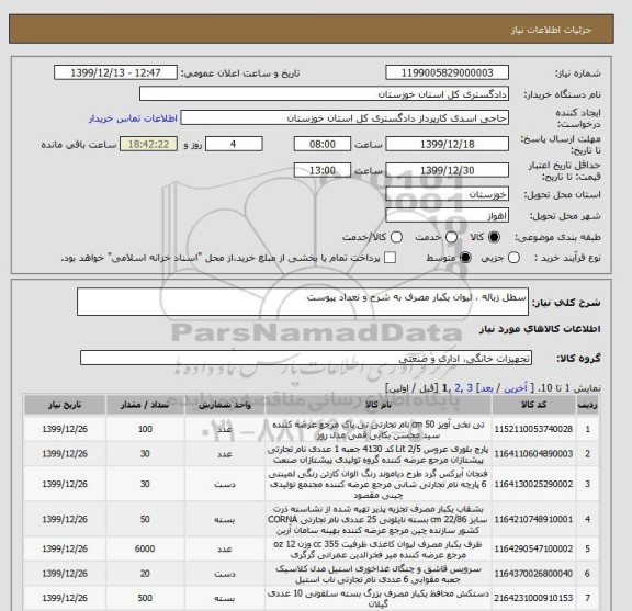 استعلام سطل زباله ، لیوان یکبار مصرف به شرح و تعداد پیوست 