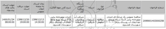 مناقصه عمومی یک مرحله ای احداث موتورخانه بنایی 3در5 شبکه توزیع و خط انتقال آب روستای پارالار شهرستان هشترود