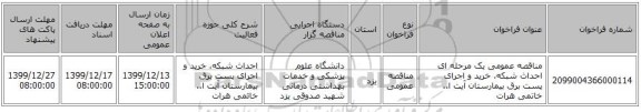 مناقصه عمومی یک مرحله ای احداث شبکه، خرید و اجرای پست برق بیمارستان آیت ا.. خاتمی هرات