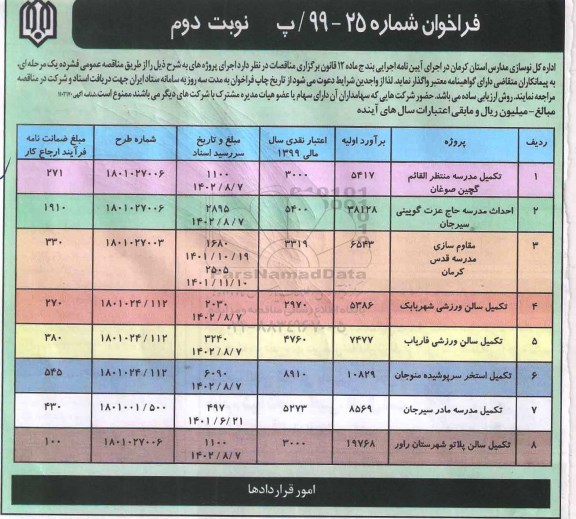 فراخوان, فراخوان تکمیل مدرسه ...- نوبت دوم 