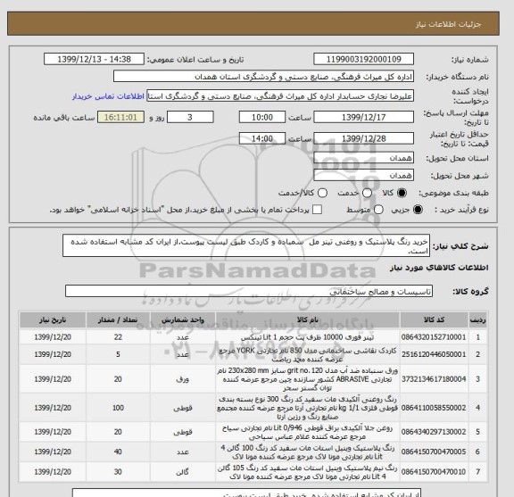 استعلام خرید رنگ پلاستیک و روغنی تینر مل  سمباده و کاردک طبق لیست پیوست.از ایران کد مشابه استفاده شده است.