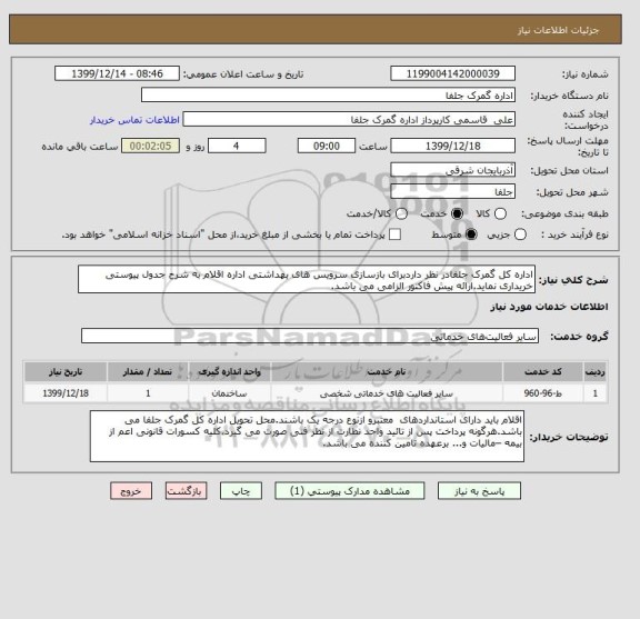 استعلام اداره کل گمرک جلفادر نظر داردبرای بازسازی سرویس های بهداشتی اداره اقلام به شرح جدول پیوستی خریداری نماید.ارائه پیش فاکتور الزامی می باشد.