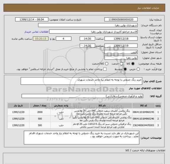 استعلام خرید رنگ جدولی با توجه به اعلام نیاز واحد خدمات شهری