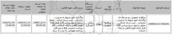 مناقصه عمومی دو مرحله ای واگذاری امور مربوط به مدیریت ، بازاریابی ، نصب و راه اندازی ، تحویل و تحول و پشتیبانی 120 هزار پایانه فروشگاهی و ارائه خدمات 