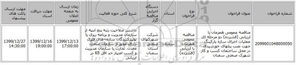 مناقصه عمومی همزمان با ارزیابی (فشرده) دو مرحله ای عملیات اجرای سازه پارکینگ جهت نصب پنلهای خورشیدی  در محل ساختمان کسب و کار شهرک صنعتی سمنان