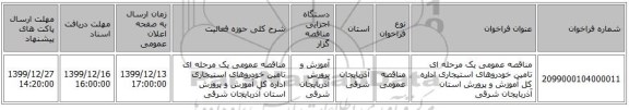 مناقصه عمومی یک مرحله ای تامین خودروهای استیجاری اداره کل آموزش و پرورش استان آذربایجان شرقی