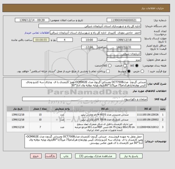 استعلام صندلی گردون  مدلOCT700B وصندلی گردون مدل OCM902E-ومیز کارمندی با ال  ودارای سه کشو وجای کیس ووارتفاع هرکدام75 میز1/5*80باروی وپایه دولایه وال آن1*50