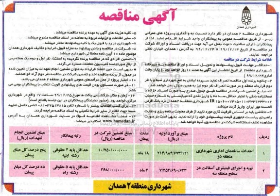 مناقصه  احداث ساختمان اداری شهرداری منطقه ۲...