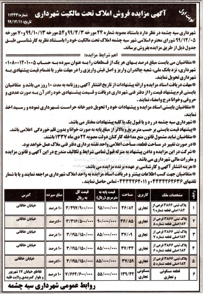 مزایده مزایده فروش املاک کاربری تجاری و مسکونی نوبت اول 