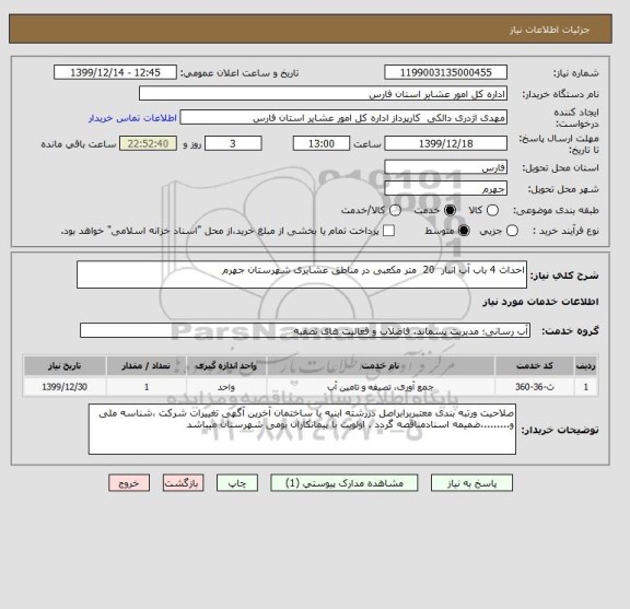 استعلام احداث 4 باب آب انبار  20  متر مکعبی در مناطق عشایری شهرستان جهرم   