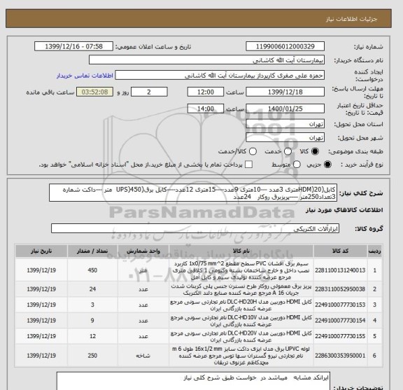 استعلام کابل(HDM)20متری 3عدد ---10متری 9عدد----15متری 12عدد----کابل برق(UPS)450  متر ---داکت شماره 3تعداد250متر ----پریزبرق روکار   24عدد