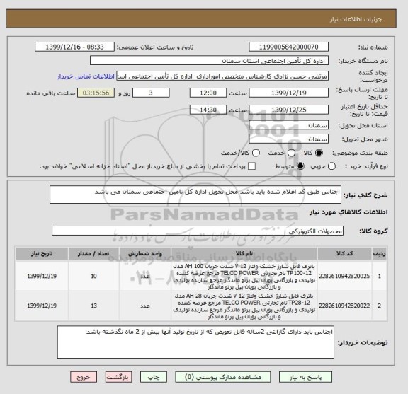 استعلام اجناس طبق کد اعلام شده باید باشد محل تحویل اداره کل تامین اجتماعی سمنان می باشد 