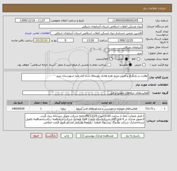 استعلام نظارت بر بازنگری و تعیین حریم طرح هادی روستای شاد آباد علیا شهرستان تبریز