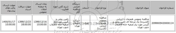 مناقصه عمومی همزمان با ارزیابی (فشرده) یک مرحله ای تامین روغن و گریس مورد نیاز تصفیه خانه فاضلاب جنوب تهران