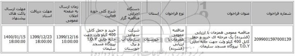 مناقصه عمومی همزمان با ارزیابی (فشرده) یک مرحله ای خرید و حمل کابل 400 کیلو ولت جهت جابه جایی T.O.Y نیروگاه مسجد سلیمان