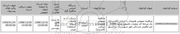 مناقصه عمومی همزمان با ارزیابی (فشرده) یک مرحله ای عملیات تکمیلی مخزن 1000 متر مکعبی مساکن مهر شهرستان پیرانشهر