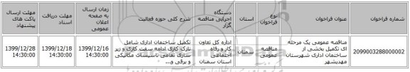 مناقصه عمومی یک مرحله ای تکمیل بخشی از ساختمان اداری شهرستان مهدیشهر