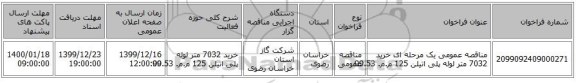 مناقصه عمومی یک مرحله ای خرید 7032 متر لوله پلی اتیلن 125 م.م. 99.53