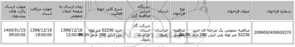 مناقصه عمومی یک مرحله ای خرید 52236 متر لوله پلی اتیلن 160 م.م. 99.54
