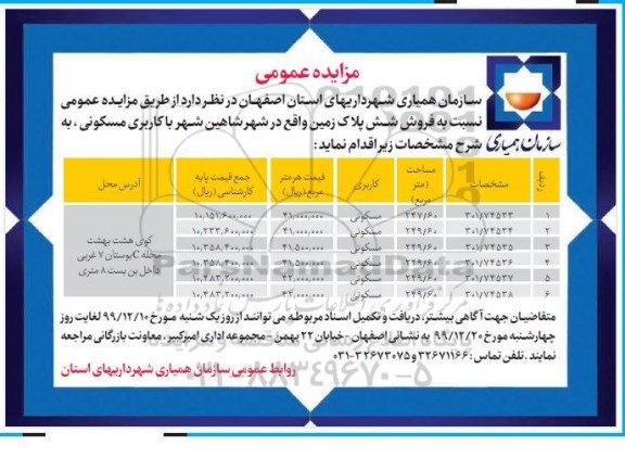 مزایده مزایده فروش شش پلاک زمین مسکونی