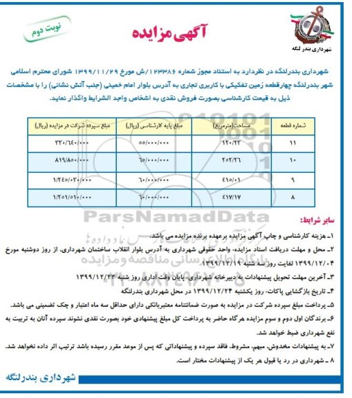 مزایده ، مزایده واگذاری چهار قطعه زمین تفکیکی با کاربری تجاری