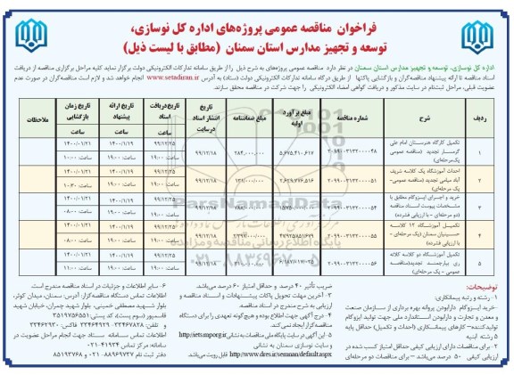 فراخوان مناقصه, مناقصه تکمیل کارگاه هنرستان 