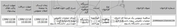 مناقصه عمومی یک مرحله ای اجرای عملیات تکمیلی پروژه دانشکده فنی مهندسی دانشگاه یاسوج