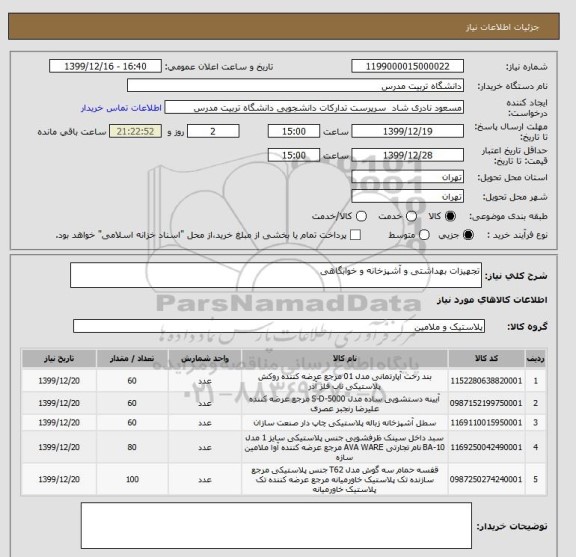 استعلام تجهیزات بهداشتی و آشپزخانه و خوابگاهی
