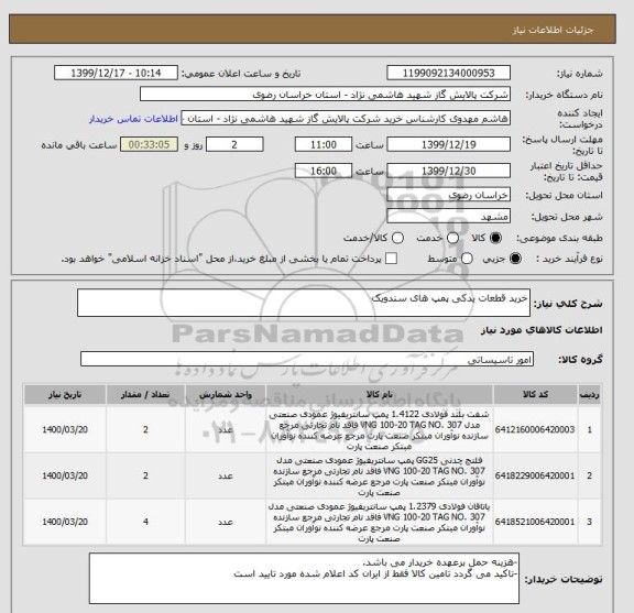 استعلام خرید قطعات یدکی پمپ های سندویک