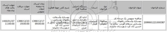 مناقصه عمومی یک مرحله ای بهسازی وآسفالت راههای روستایی بسطام-گورش- بندلی و حسین آباد کرد شهرستان چایپاره