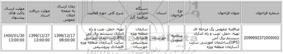 مناقصه عمومی یک مرحله ای تهیه، حمل، نصب و راه اندازی سیستم برق آنی (UPS)ساختمان آموزشی سایت 1سازمان منطقه ویژه 
