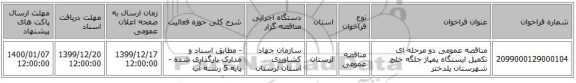 مناقصه عمومی دو مرحله ای تکمیل ایستگاه پمپاژ جلگه خلج شهرستان پلدختر