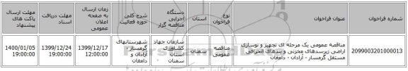 مناقصه عمومی یک مرحله ای تجهیز و نوسازی اراضی زیرسدهای مخزنی و بندهای انحرافی مستقل گرمسار - آرادان - دامغان