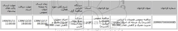مناقصه عمومی همزمان با ارزیابی (فشرده) یک مرحله ای اجرای عملیات مدیریت مصرف و کاهش تلفات 991988