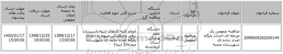 مناقصه عمومی یک مرحله ای احداث پایگاه امداد جاده ای شهرستان صحنه