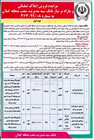 مزایده  مزایده فروش املاک تملیکی و مازاد  شماره 363.99.8 نوبت اول 