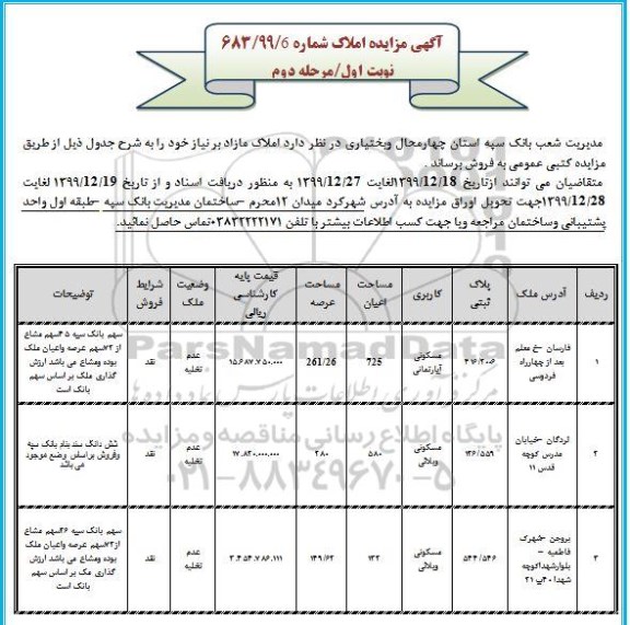 مزایده، مزایده فروش املاک کاربری مسکونی نوبت اول مرحله دوم